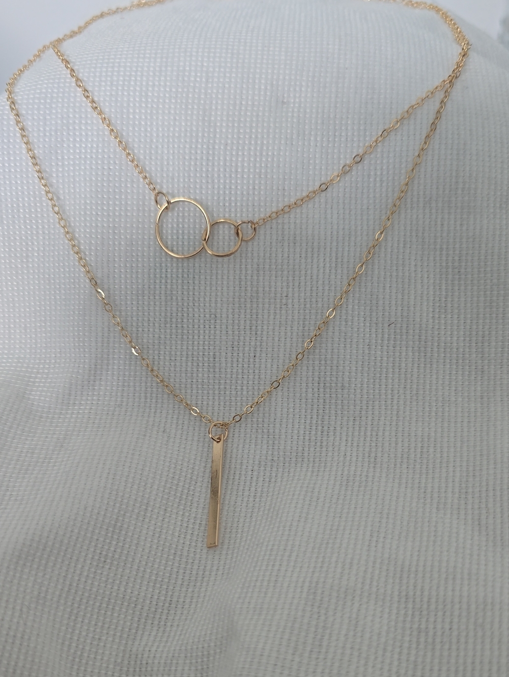 Delicate Gold Double-Layer Necklace with Circle and Bar Pendants